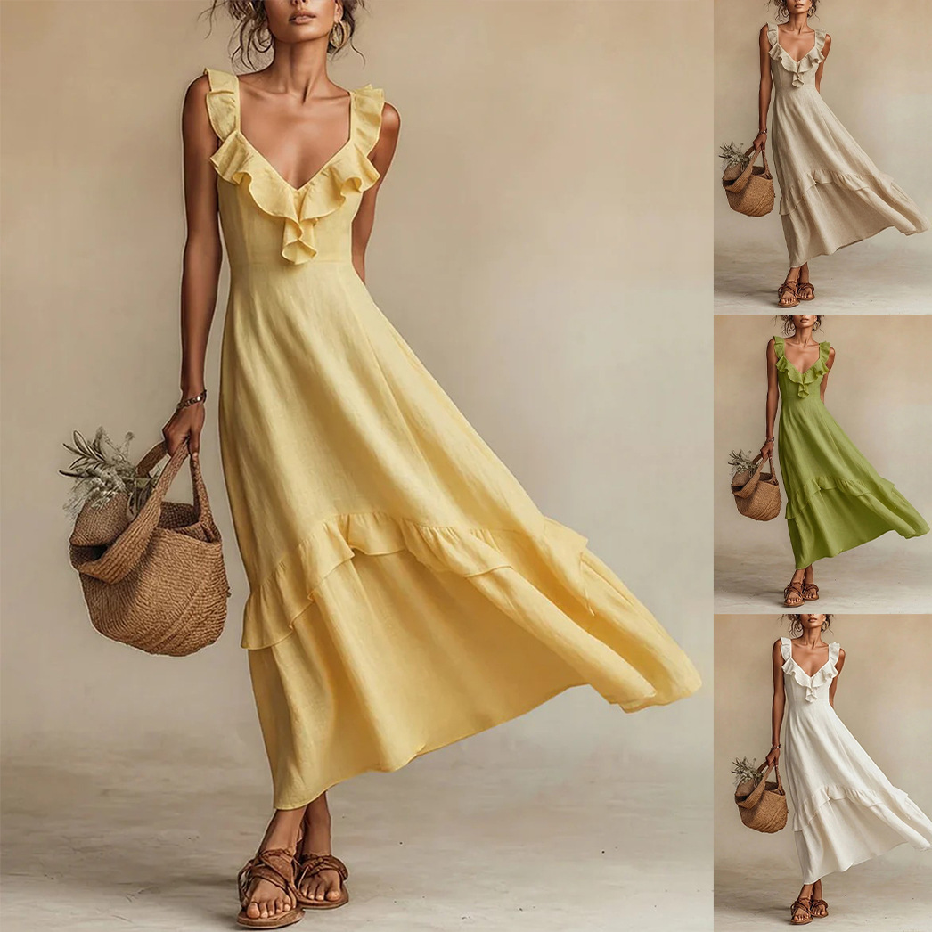 Elegant And Chic Cotton-Linen Dress With Ruffled Flutter Sleeves And A Flowing Hem