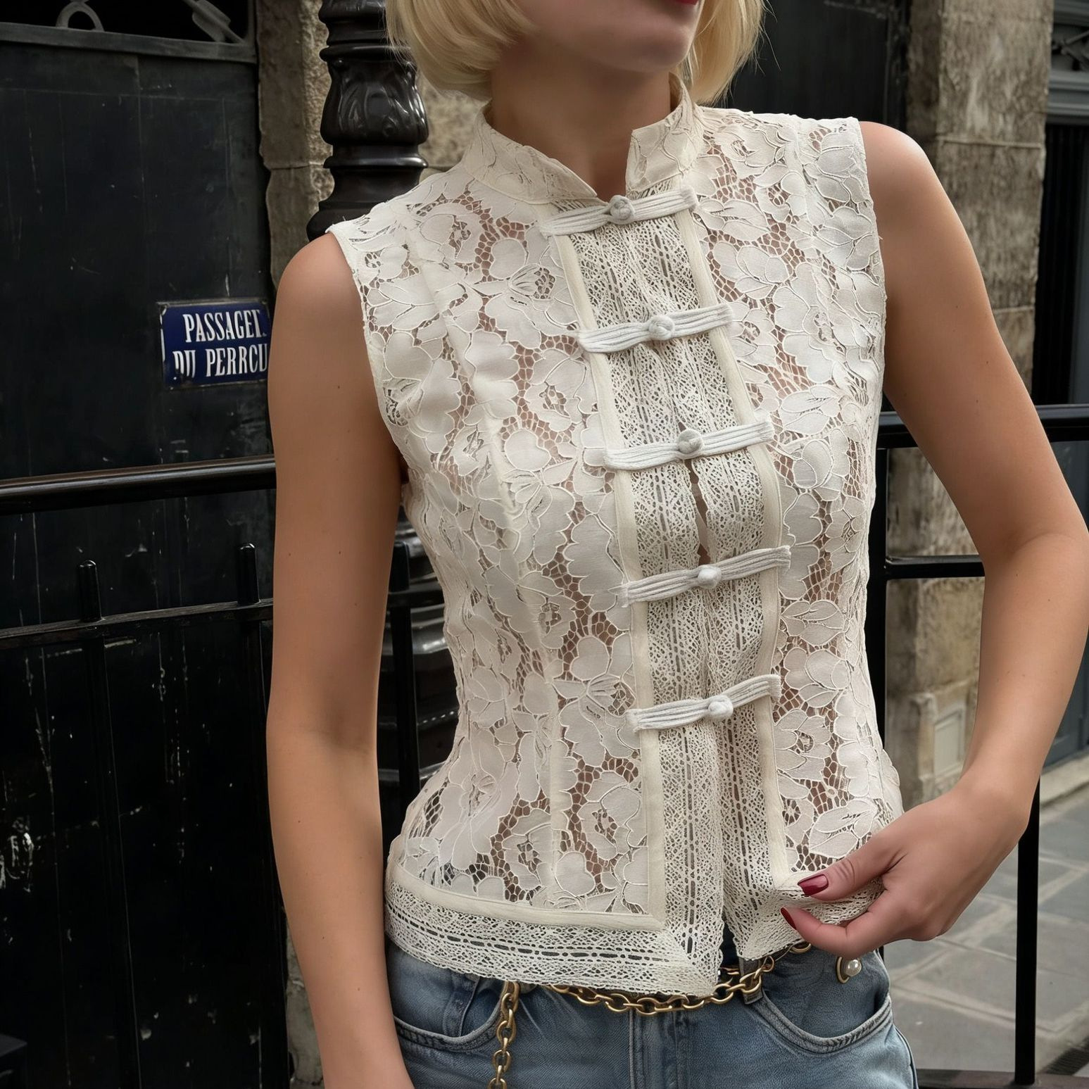 Fashionable Lace Crochet Stand Collar Slim-fit Sleeveless Shirt