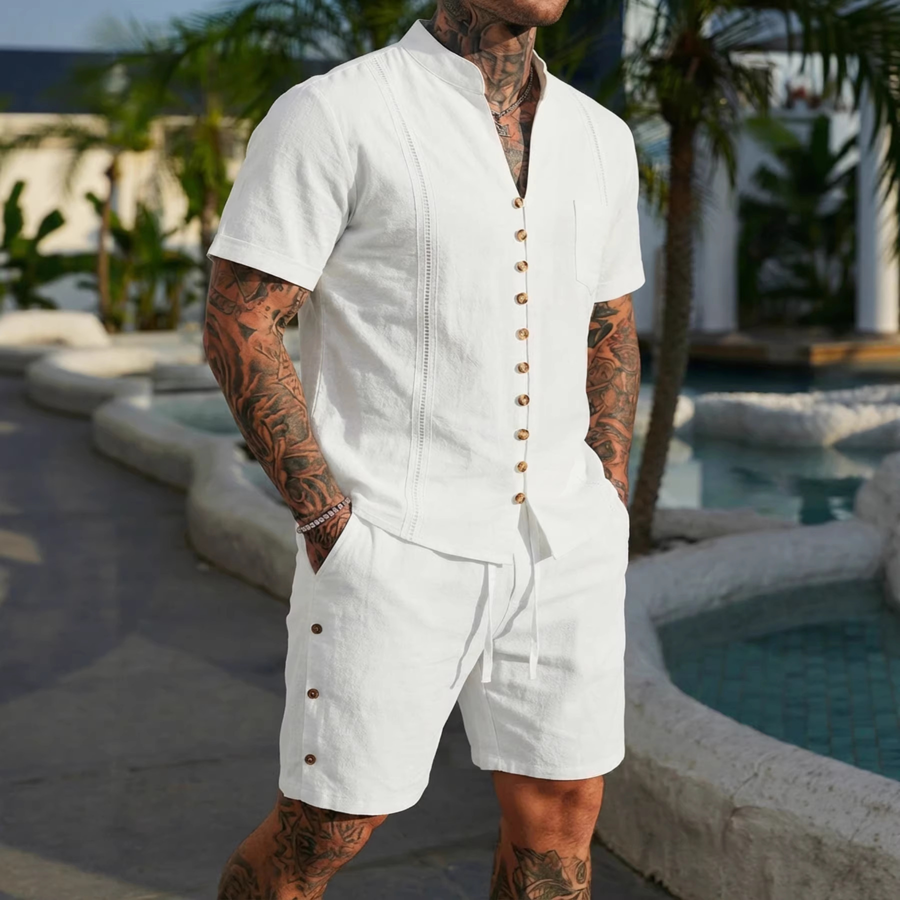 Stand-collar Solid-color Short-sleeve Shirt Set