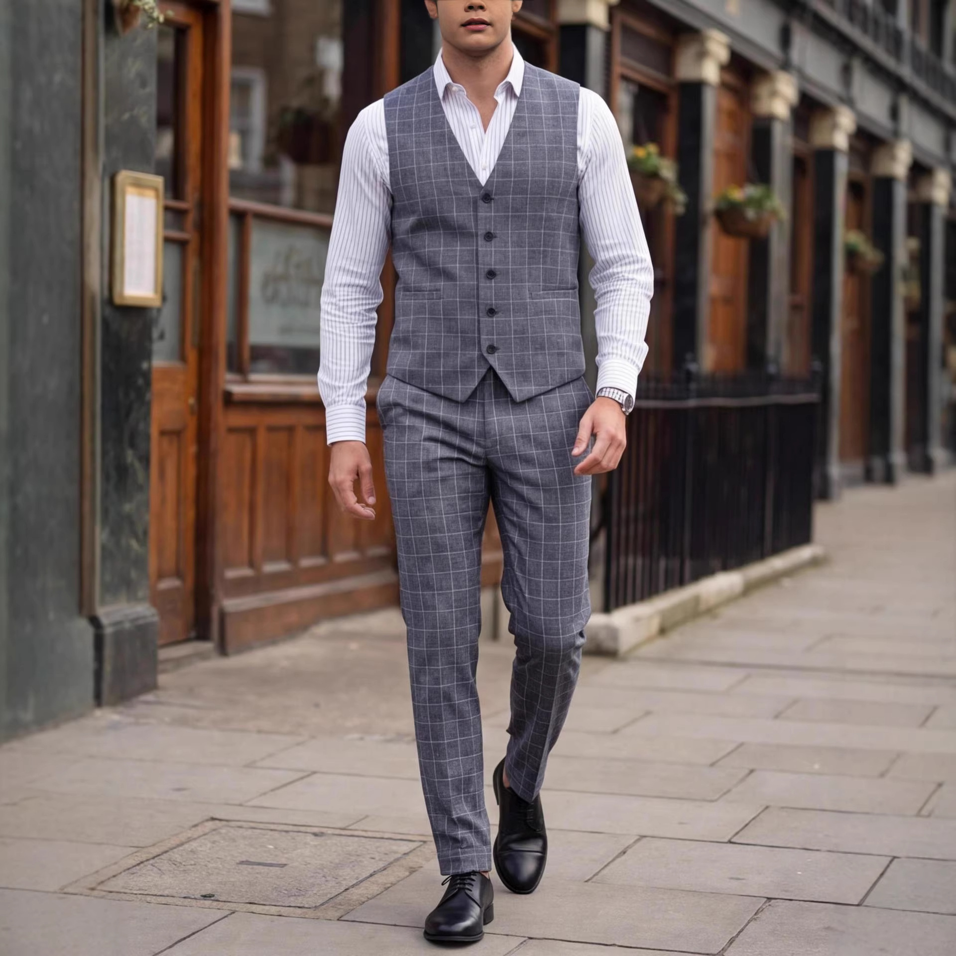 Mens Light Business Plaid Waistcoat And Dress Pants Two-Piece Suit