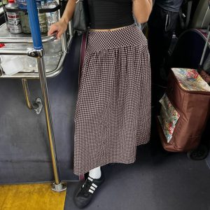 Summer American Style Retro Preppy Plaid Color Block Waist Cinching Flattering Skirt