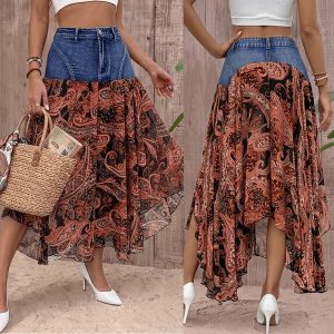 Women's Denim Patchwork Paisley Print Asymmetrical Maxi Skirt, High Waist A-Line Flowy Chiffon Hem Skirt