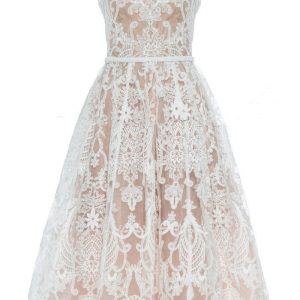 Women White Lace Midi Dress Nude Mesh Embroidered Floral Boho Sleeveless Party