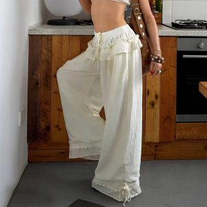 Fashionable American Style Retro Loose Wide Leg Pants High Waisted Ruffled Casual Trousers