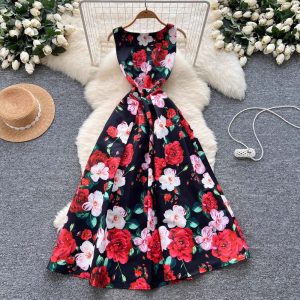 Retro Waist-cinching Figure-flattering Sleeveless Chic Puff Dress With A Printed Design