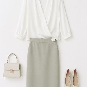 Women 2 Piece Set White Wrap Blouse Midi Pencil Skirt Office Work Outfit UK 8