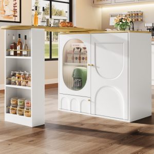 360  Rotating Bar Table Body 138 X 39 X 105 Cm, Coffee Bar Furniture, Rotating Dining Table With Storage Space, Kitchen Island, Two Doors With Shelves, Sideboard, Buffet, White