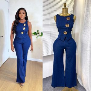 Round-neck Sleeveless Vest High-waisted Wide-leg Jeans Womens Set