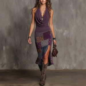 Womens Color-Block Printed Draped-Neck Dress