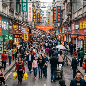 Crowded Chinese street market with many people walking among colorful shop signs