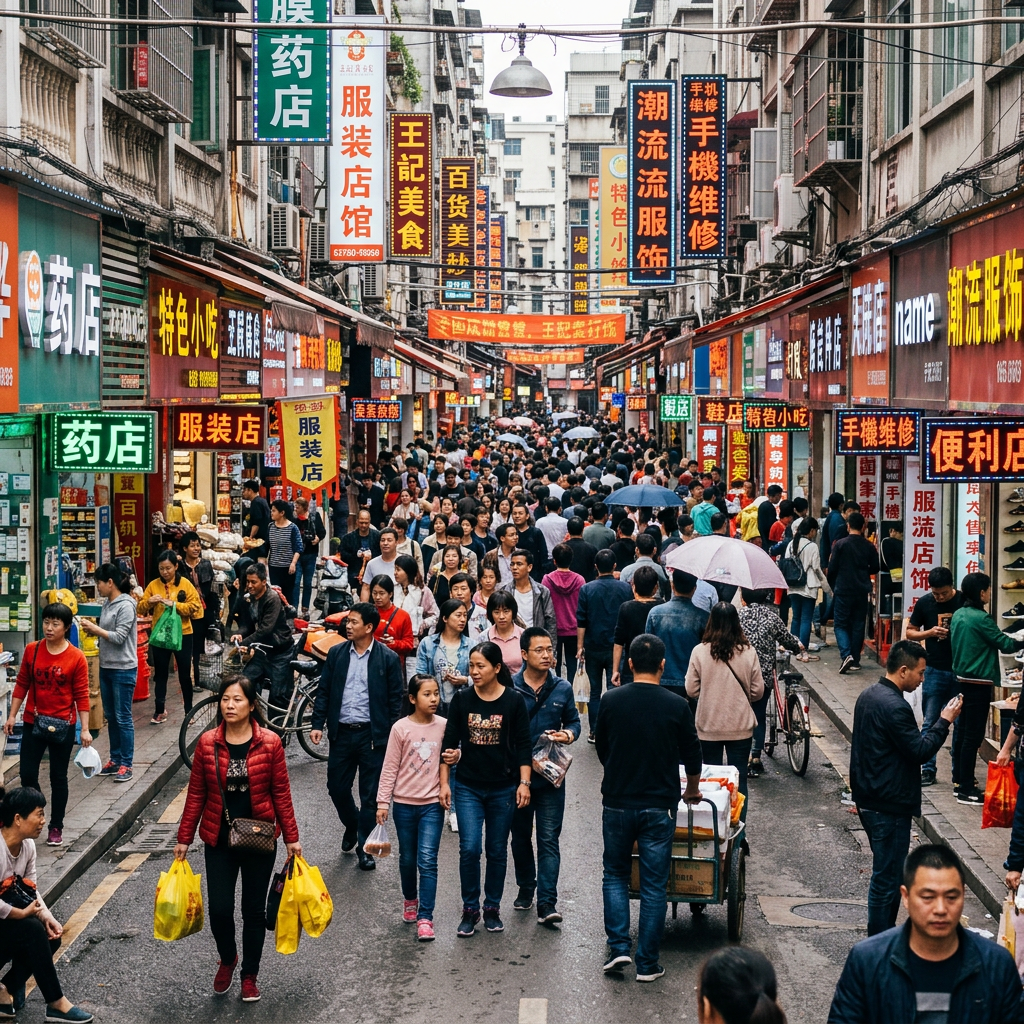 Crowded Chinese street market with many people walking among colorful shop signs